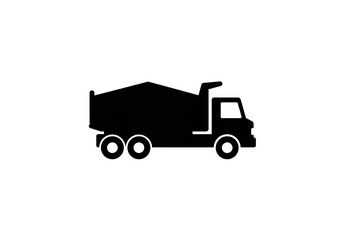 A black silhouette of a dump truck with three wheels on a white background in a simple graphic style