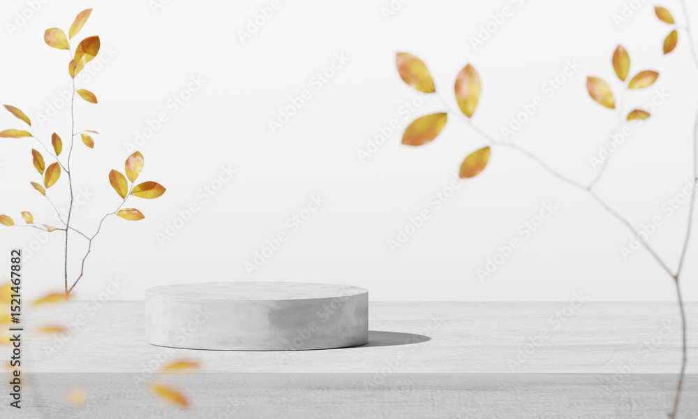 Poster concrete cylindrical product display podium with subtle autumnal tree branches on white background. 