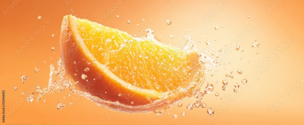 Poster the vibrant orange slice splashing through refreshing liquid droplets.