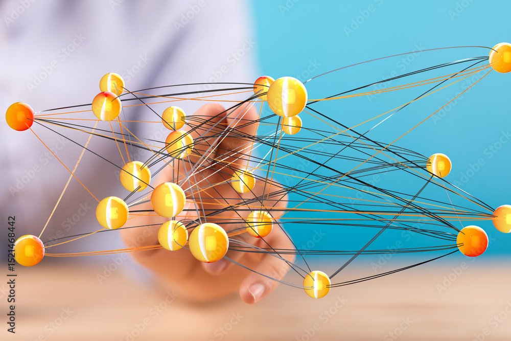Poster Abstract image of a hand interacting with a complex network of interconnected nodes, representing global communication and data.