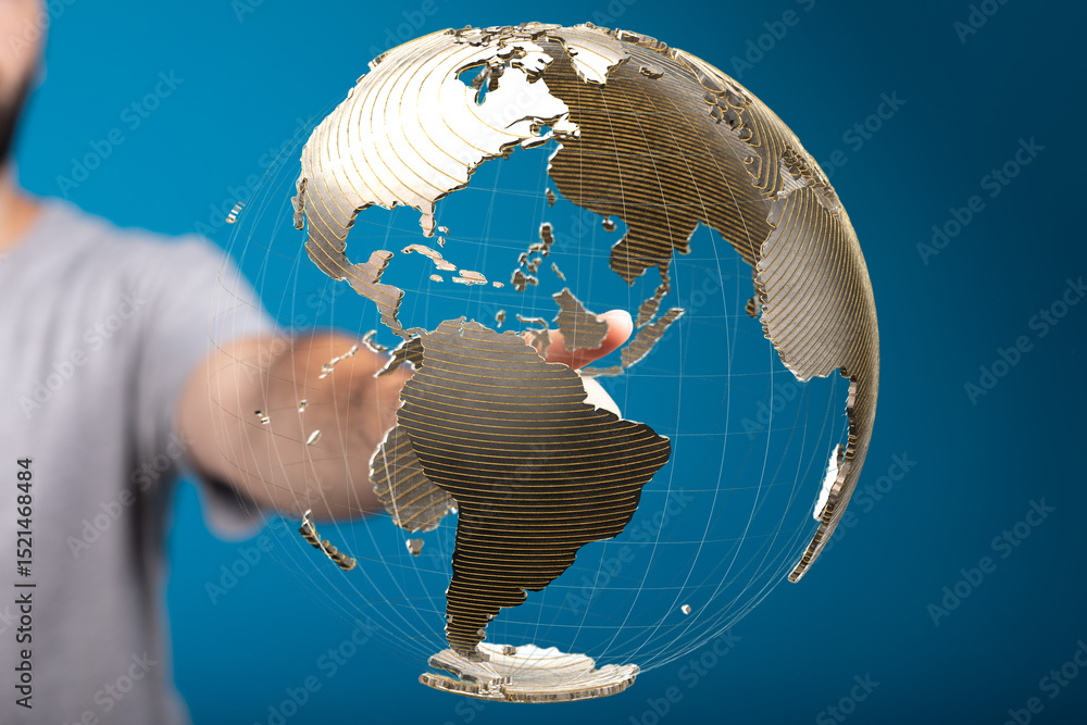 Poster person interacts with a 3d digital globe, representing global network connections and worldwide reac