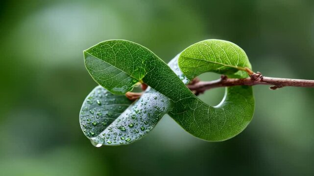 Green leaves form an infinity symbol with water drops, symbolizing sustainability and nature's endless cycle. Endless ecology footage.