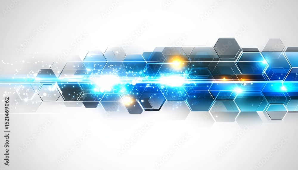 Poster futuristic background with hexagonal network pattern and bright lights in blue energy flashes.