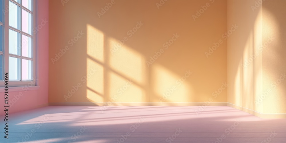 Poster bright and airy pastel empty studio room background with sunlight and soft shadows for design use