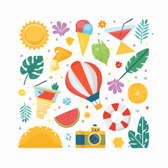Vector simple flat illustrations and icons, geometric summer pattern and banner, vacation and tropical travel, flowers and plants simple shapes, festival and sale posters