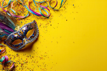 Mardi Gras Mask with Feathers and Ribbons on Yellow Background
