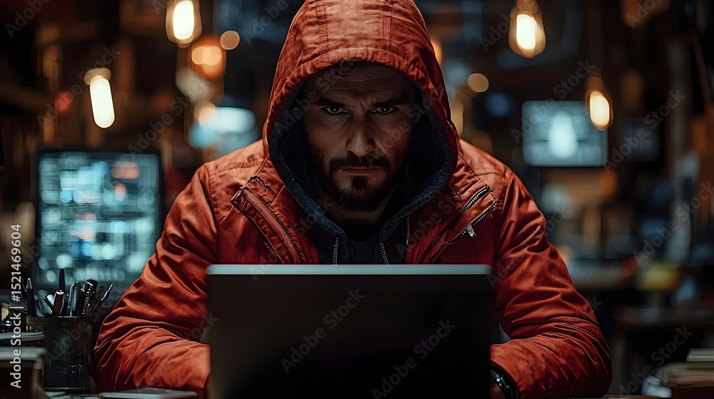 Aufkleber a focused hacker examining a laptop in a dimly lit setting
