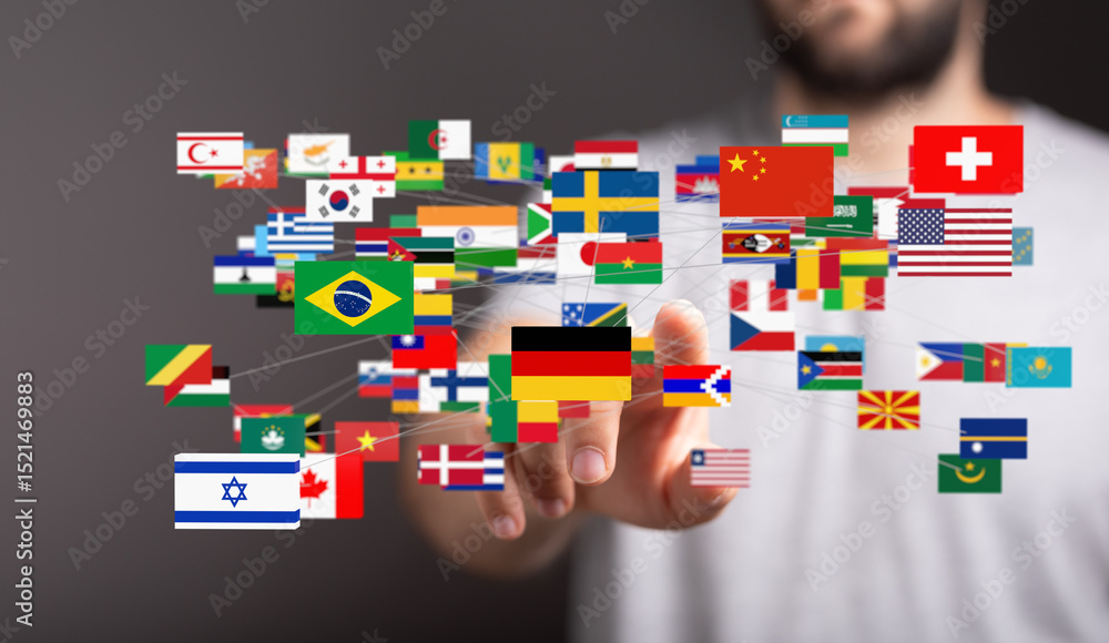 Aufkleber image of interconnected world flags, symbolizing global communication and collaboration.