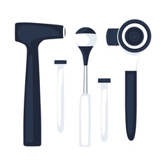 Medical Diagnostic Tools Otoscope Ophthalmoscope Reflex Hammer and Tuning Fork Set on White Background