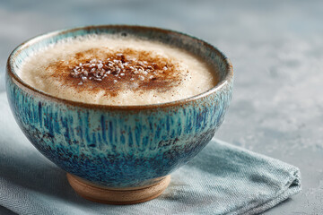 Riisipuuro is a creamy rice pudding served in a decorative bowl, perfect for holiday celebrations.