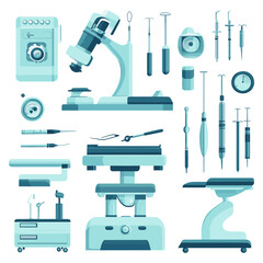 Medical Equipment and Surgical Instruments Set Featuring Microscope Syringes and Other Tools in Flat Vector Isolated on White Background