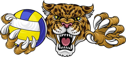 A jaguar, panther, leopard or cheetah wildcat spotted cat volleyball sports team mascot holding a ball