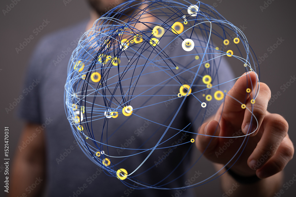 Fototapete image of a person interacting with a digital global network, representing connection and technology.