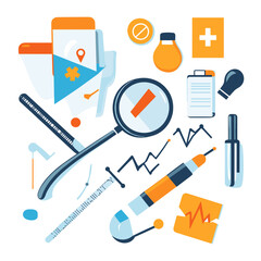 Medical Examination Healthcare Icons in Blue and Orange Colors with Magnifier Chart Syringe Application Map Bottle Cross and Healthcare Equipment