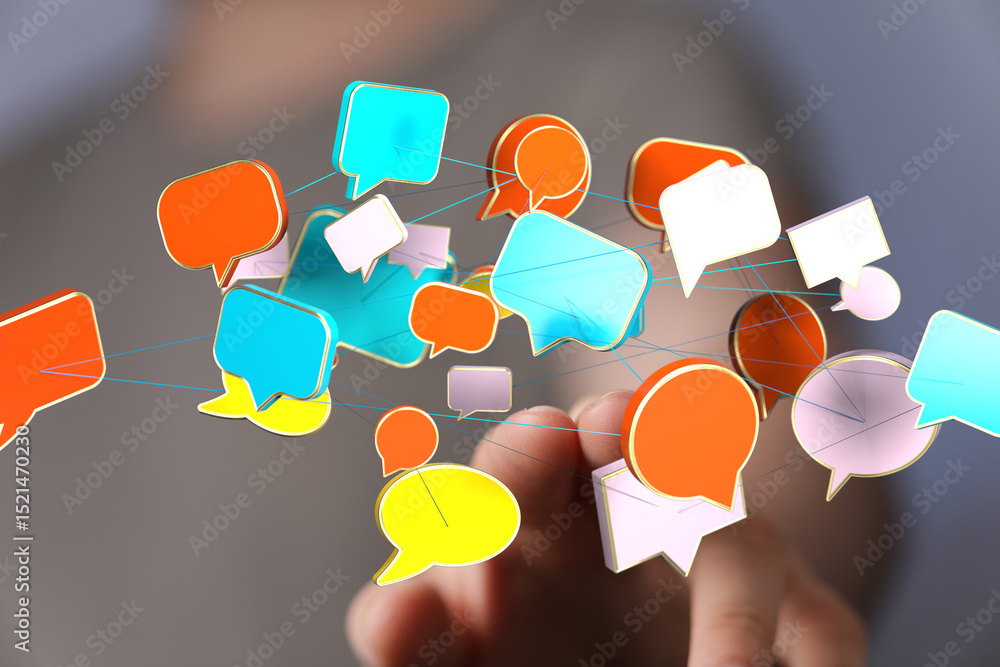 Poster abstract image of interconnected speech bubbles, symbolizing global communication and networking.