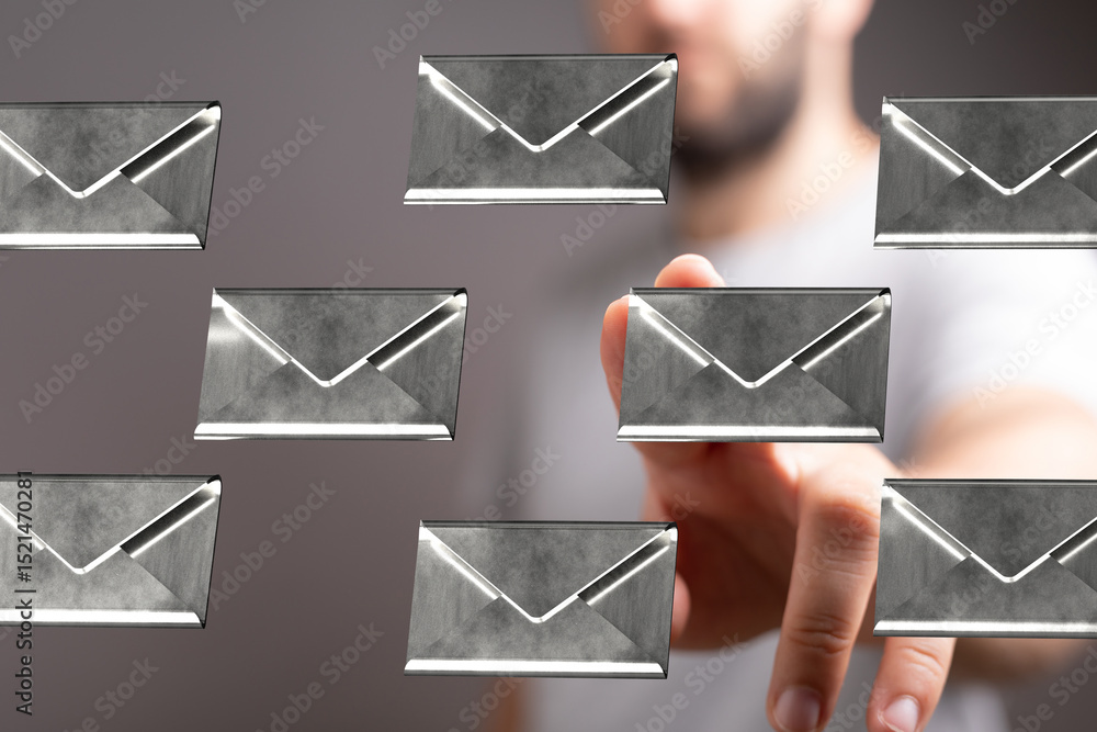 Poster Abstract image of a man interacting with floating email icons.  Concept for digital communication, inbox, messaging.