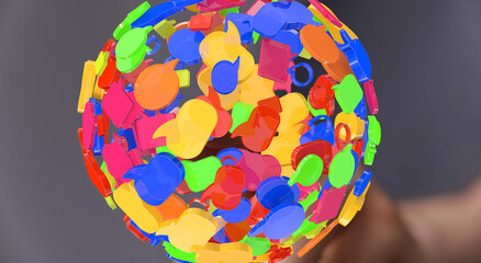Abstract 3D rendering of colorful speech bubbles forming a sphere, symbolizing global communication...