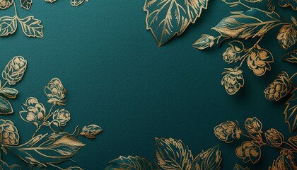 Luxury beer business card concept with gold foil accents on dark teal background, hand-drawn hops motifs featuring pencil shading and marker highlights. Ideal for craft beer packaging design, brand ev