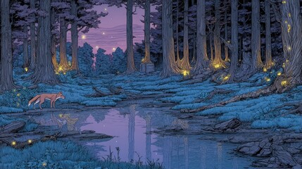 torybook illustration of a curious fox exploring a glowing forest at twilight