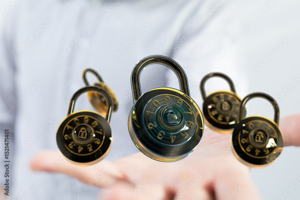 Aufkleber Image of multiple combination locks floating in mid-air, symbolizing data security and protection.