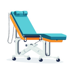Modern Blue and Orange Medical Examination Table with Adjustable Height and Wheels Isolated on White Background for Healthcare Facilities