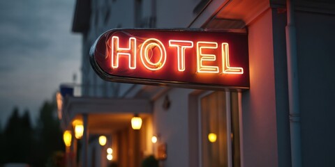 Glowing Neon Hotel Sign at Dusk with Warm Lighting
