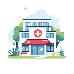 Modern White Hospital Building with Red Cross Symbol and Blue Accents in Daytime Surrounded by Green Trees and Clouds Illustration