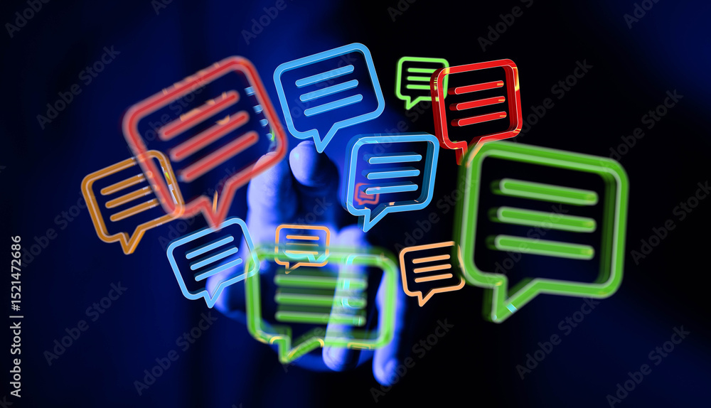 Aufkleber Abstract image of a hand interacting with glowing chat icons. Perfect for communication, networking, and social media concepts.