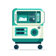 Neonatal Incubator with Baby Inside a Medical Equipment for Premature Infants Teal and White Color Scheme Vector Illustration
