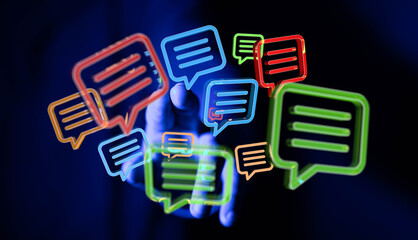 Abstract image of a hand interacting with glowing chat icons. Perfect for communication,...