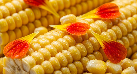 Sweet Corn Delight Draped with Vivid Flower Petals in Dewy Freshness
