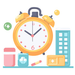 Orange Alarm Clock with Pills and Medicine Bottles Illustration on White Background Representing Healthcare and Timely Medication