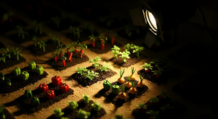 Dramatic Lighting Casts Upon An Array Of Miniature Vegetable Garden Plots