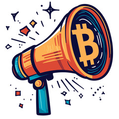 Orange and Blue Cartoon Megaphone Displaying Bitcoin Symbol for Cryptocurrency Announcements