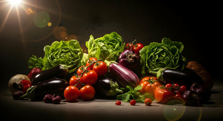Fresh Garden Bounty Displaying a Harvest of Vegetables in Dark Background