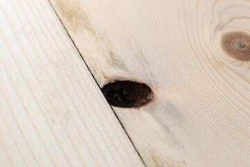 Macro shot of an elongated knot hole on a wooden plank reveals a typical issue found in natural...