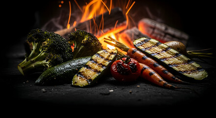Grilled Vegetables Composition With Fire Flames In Background For Healthy Eating