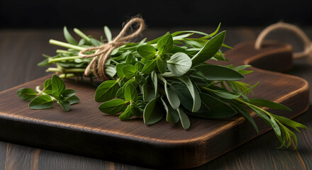 Fresh Culinary Herbs Tied on a Wooden Board for Cooking