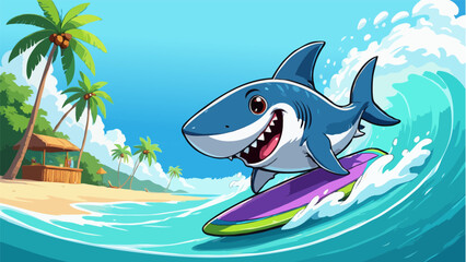 Happy shark surfing ocean wave tropical beach