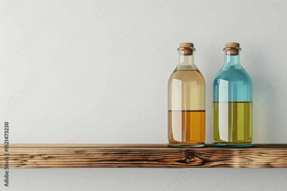 Poster clear pixel visual of two bottles of different colors are on a wooden shelf