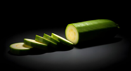 Slices Of Fresh Zucchini Displayed On Dark Table With Dramatic Lighting