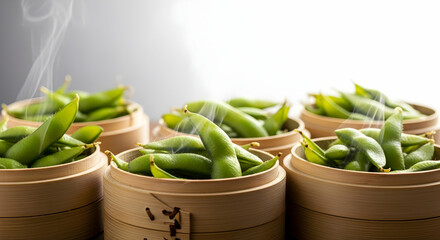 Steaming Edamame Pods Presented in Wooden Steamer Baskets Grouped Together
