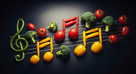 Healthy Rhythms Musical Composition Created with Fresh Vegetables on Dark Table