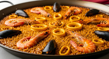 Authentic Seafood Paella Featuring Fresh Shrimp Squid and Mussels
