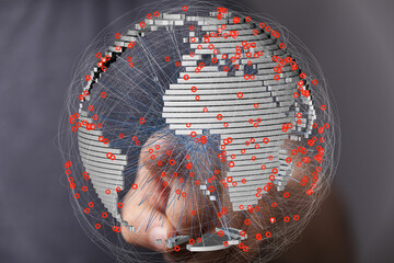 High-tech image showing global network connections and data flow. Perfect for technology, business,...