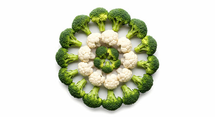 Vibrant Cauliflower And Broccoli Florets Arranged In Symmetrical Composition Isolated