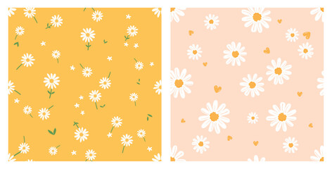Seamless patterns with daisy chamomile flower and hand drawn hearts on yellow and pink backgrounds vector.