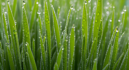 Fresh Green Grass Blades Covered In Dew Drops In The Early Morning