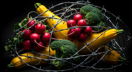 Contrasting Elements: Fresh Vegetables Intertwined With Barbed Wire Still Life