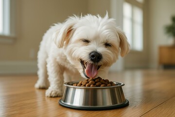Happy Dog Enjoying Meal: Pet Nutrition and Wellness